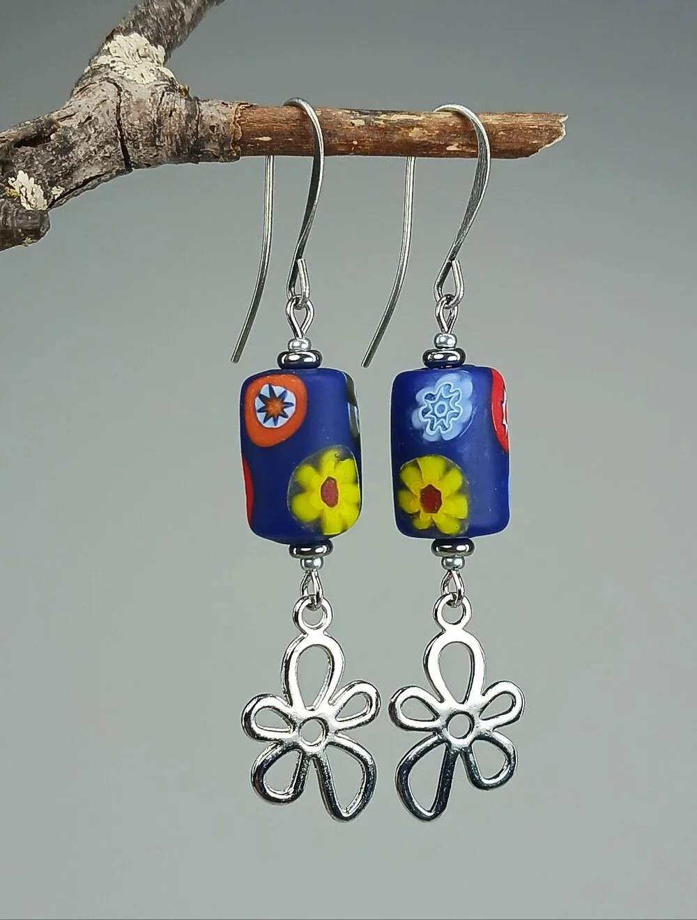 Millefiori Glass Flower Earrings Colorful Artisan Floral Dangles Hand Crafted